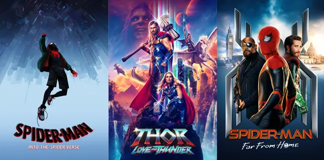 Movie posters for Spider-Man Across the Universe, Thor Love and Thunder and Spider-Man Far From Home.